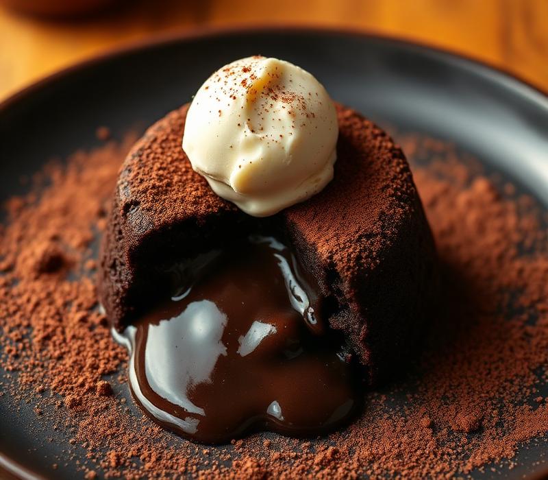 Molten chocolate lava cake with vanilla ice cream