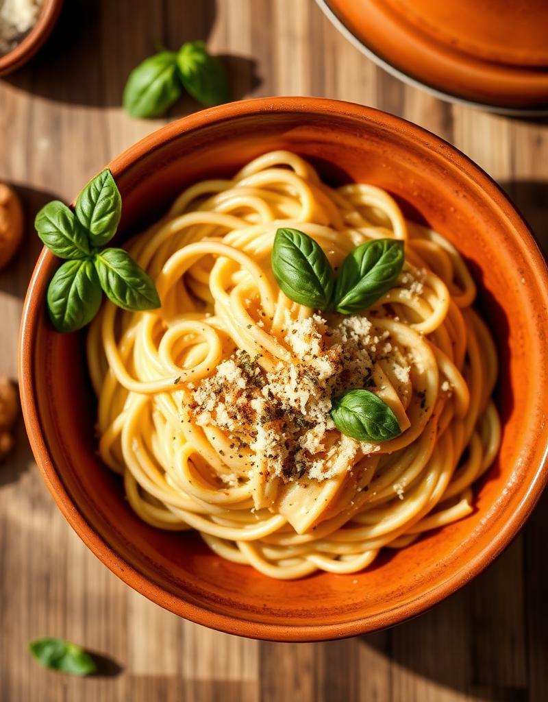 Creamy pasta in a terracotta bowl